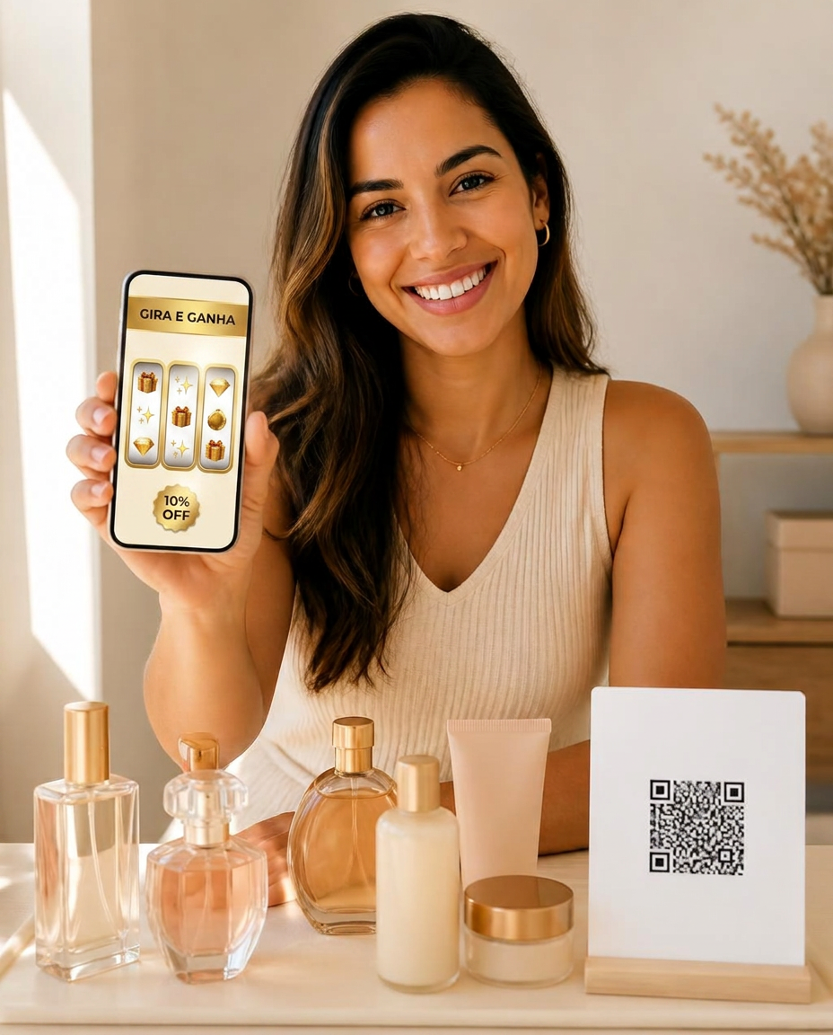Vendedora de perfumes e cosméticos apresentando o QR Code para a cliente